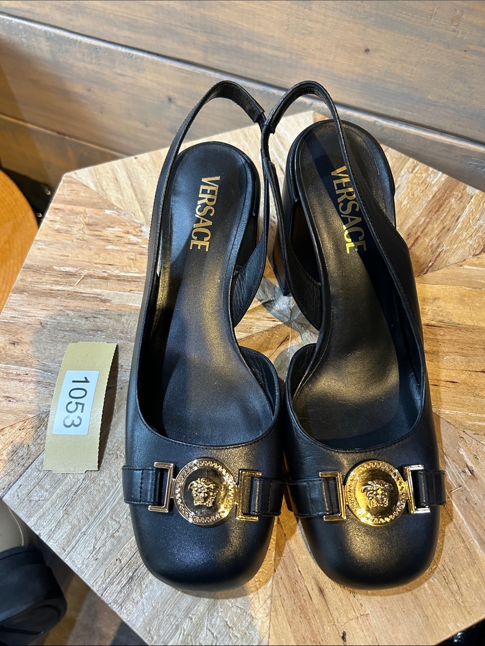 Versace Black Leather Slingback Pumps with Gold Medusa Buckle